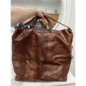 VTG Paolo Gianni Italian Brown Oversized Giant Leather Bag Traveler Brass
